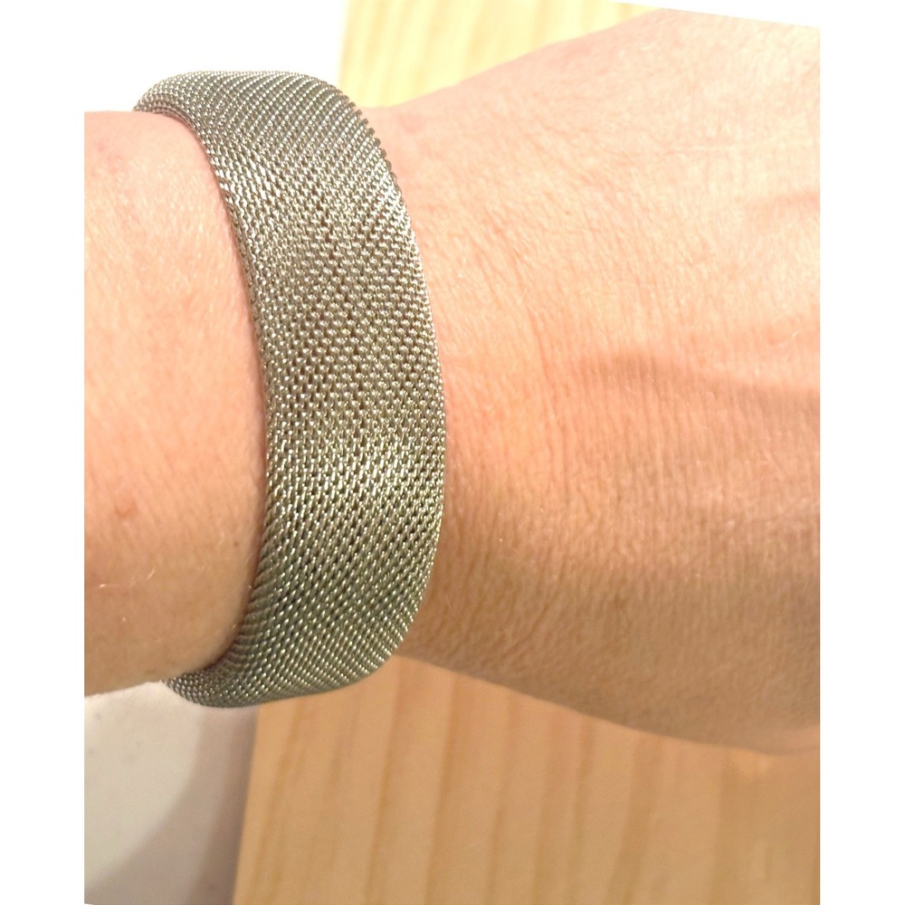 Vintage Silver Tone Wide Mesh Toggle Bracelet 1" Wide Women Woven Toggle Clasp